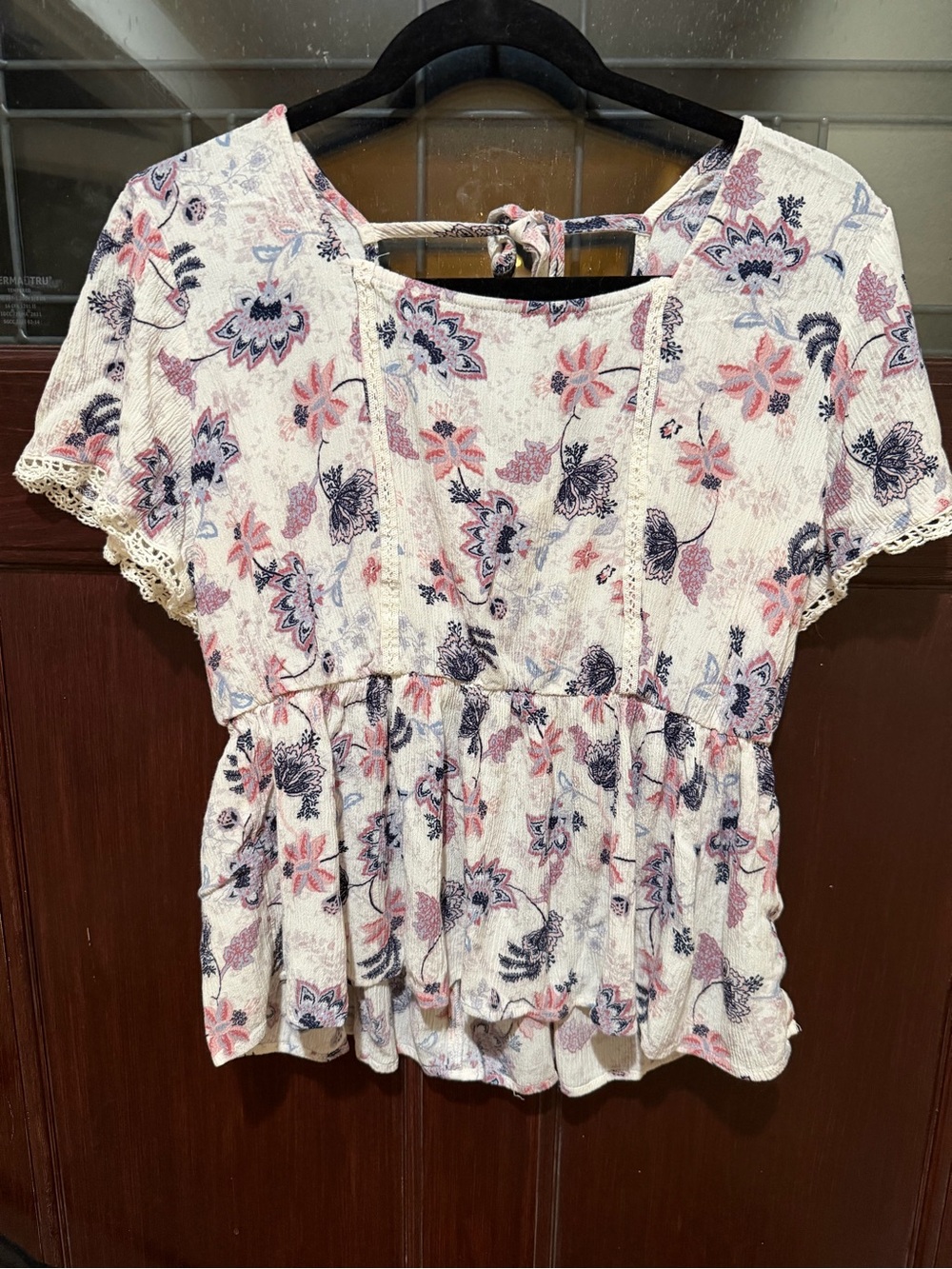 Maurices White Floral Peplum Top with Pink & Navy Accents